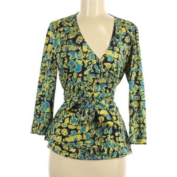 Yellow and Blue Wrap Blouse Top Size Medium - Picture 3 of 11